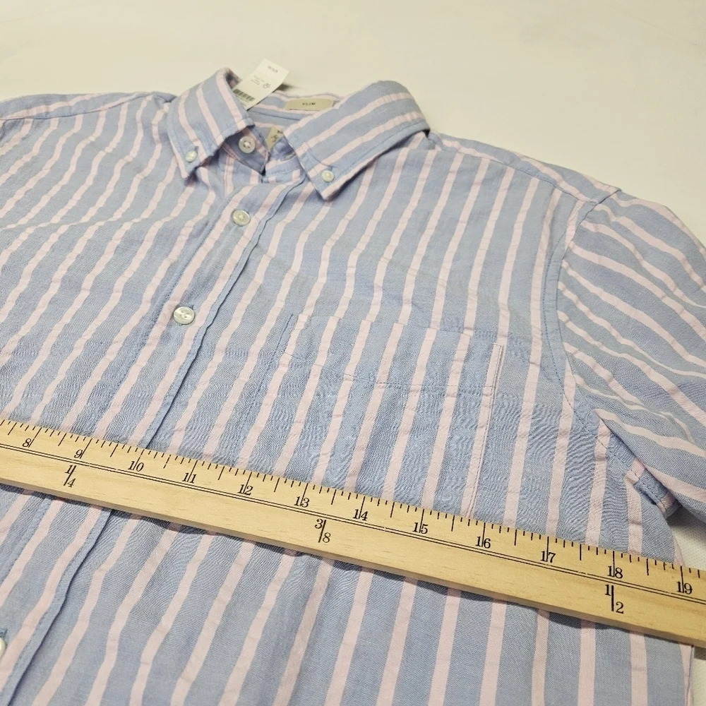 NWT J Crew Shirt Mens Med Slim Seersucker Striped Blue Pink Button Down Cotton